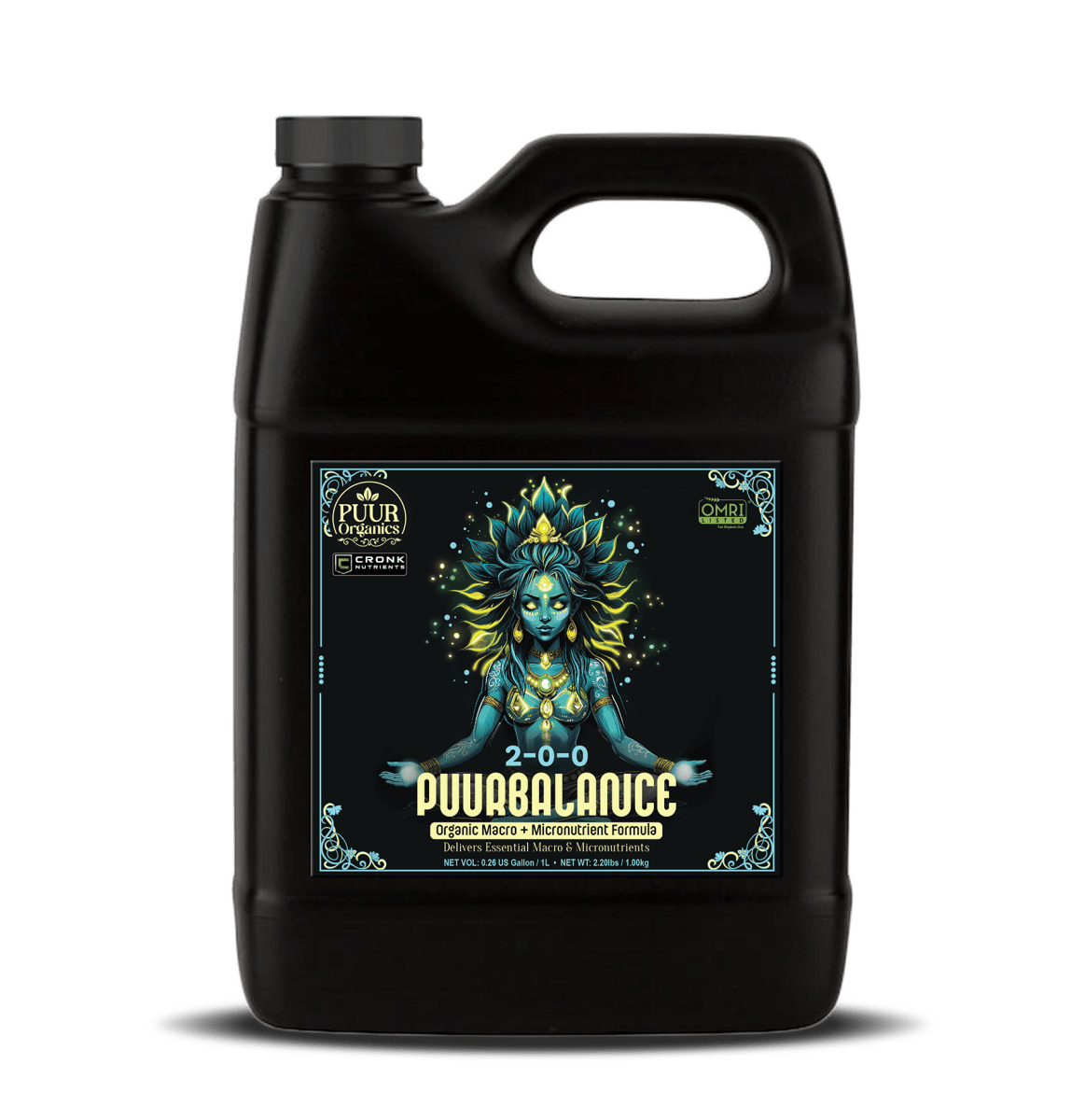 Black container of Puur Balance fertilizer with a colorful label featuring a goddess design on a white background.