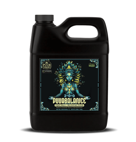 Black container of Puur Balance fertilizer with a colorful label featuring a goddess design on a white background.