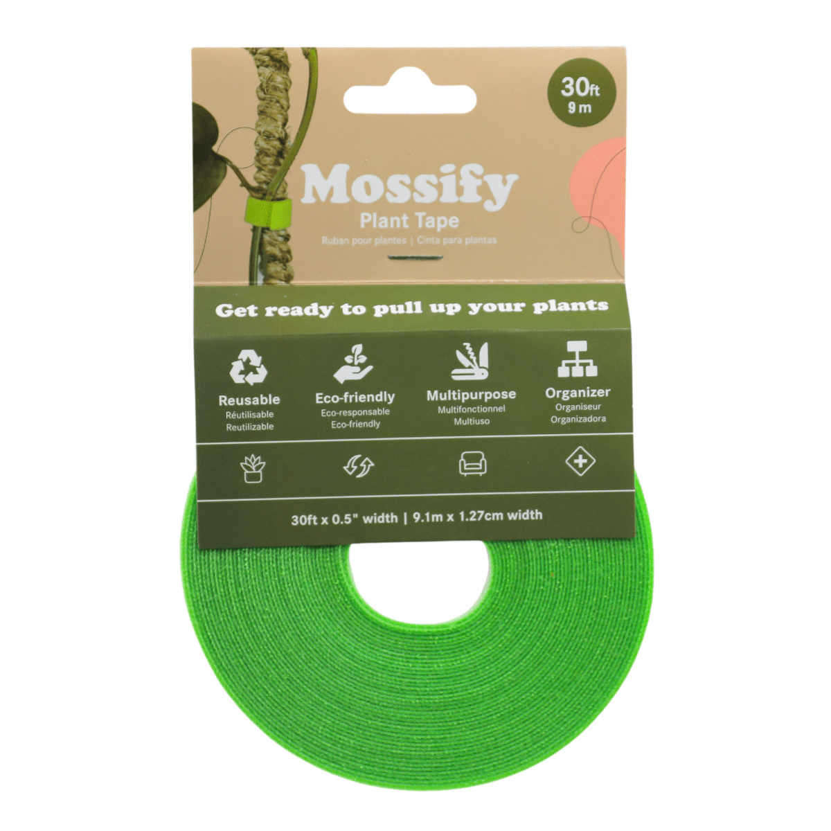 Green plant tape with packaging displaying 'Mossify' brand on a beige background