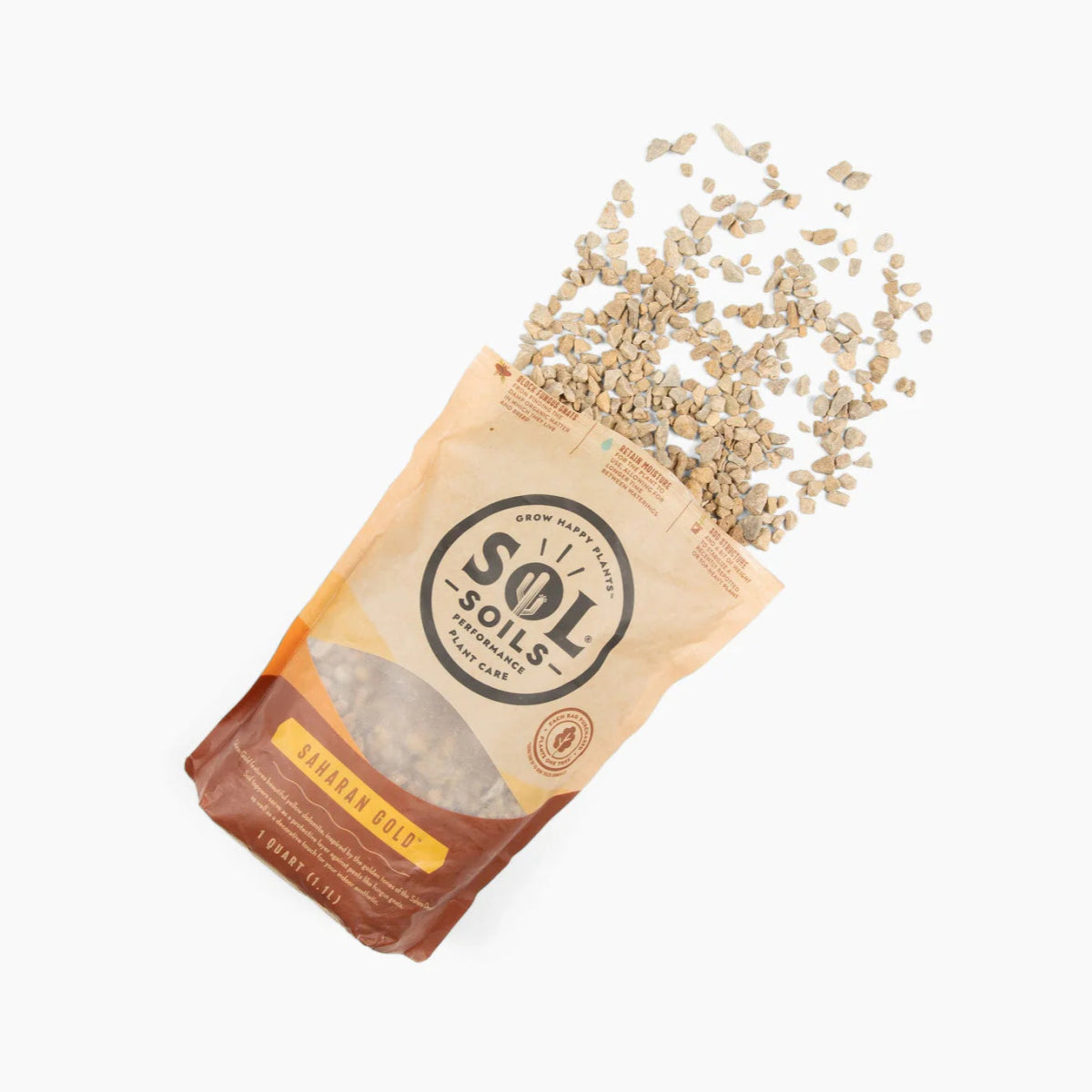 Bag of Sol Soils with seeds spilling out on a white background