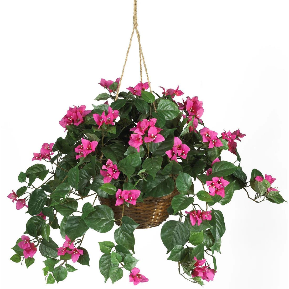 Silk Bougainvillea Hanging Basket – Faux Cascading Vine in Wicker Planter - Ed's Plant Shop