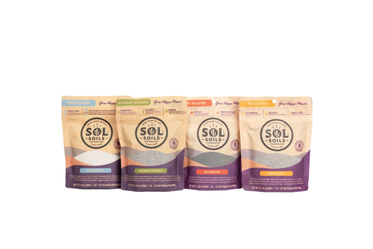 Four Sol Soils packages on a white background