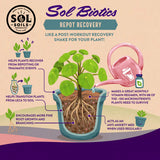 Advertisement for Sol Biotics Repot Recovery with a plant and watering can illustration on a beige background.