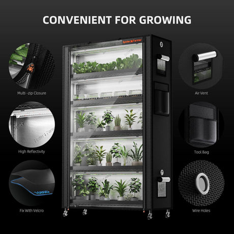 Black vertical grow tent with plant shelves and features highlighted on a dark background