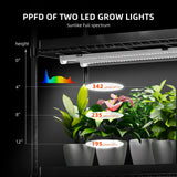 LED grow lights with plants and PPFD measurement on a black background