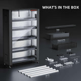 Collection of equipment and components with text 'What's in the Box' on a dark background