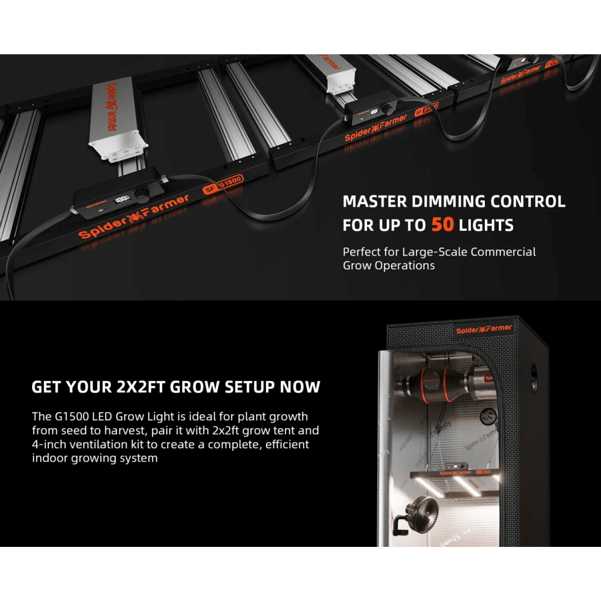 Spider Farmer LED grow light system with text on dimming control and product features.