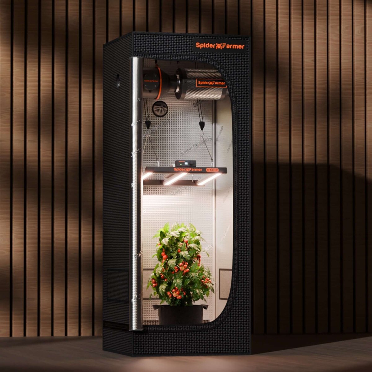 Spider Farmer indoor gardening system with plants on a wooden background