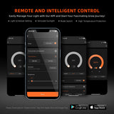 Smartphone app interface for remote light control with app store download prompts.