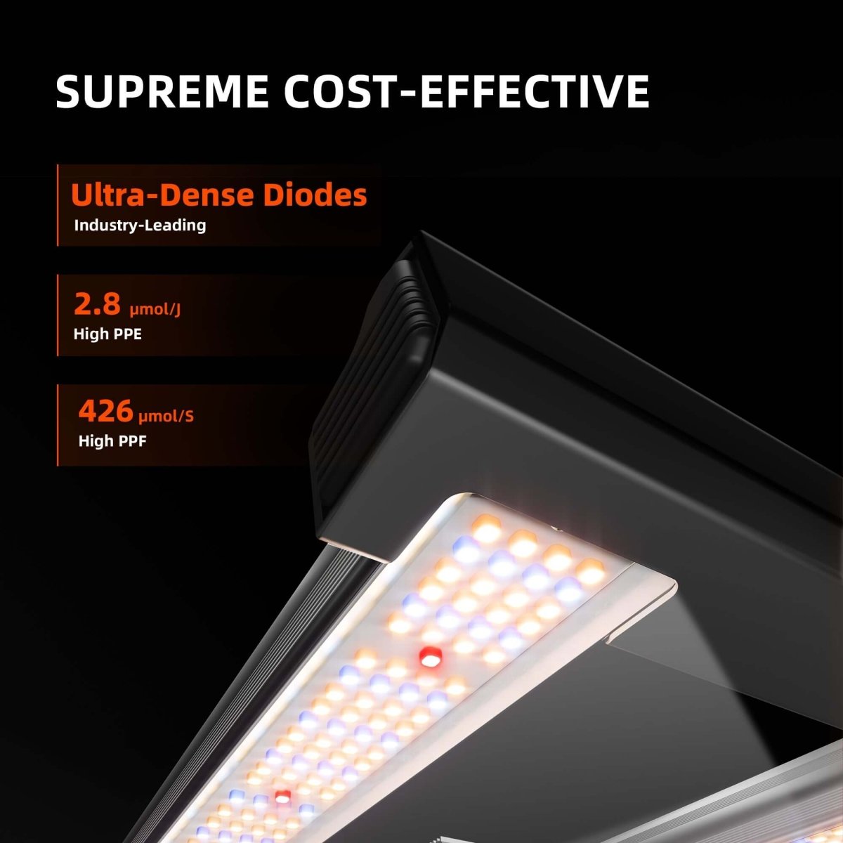 LED light fixture with technical specifications on a black background