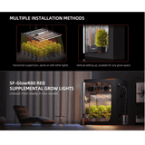 Supplemental grow lights with installation methods and product name on a dark background