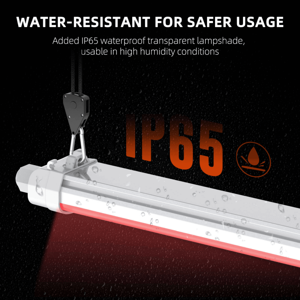 Water-resistant LED light fixture with IP65 rating on a dark background