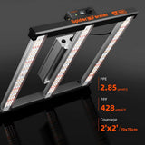 Spider Farmer LED grow light on a black background with specifications displayed.