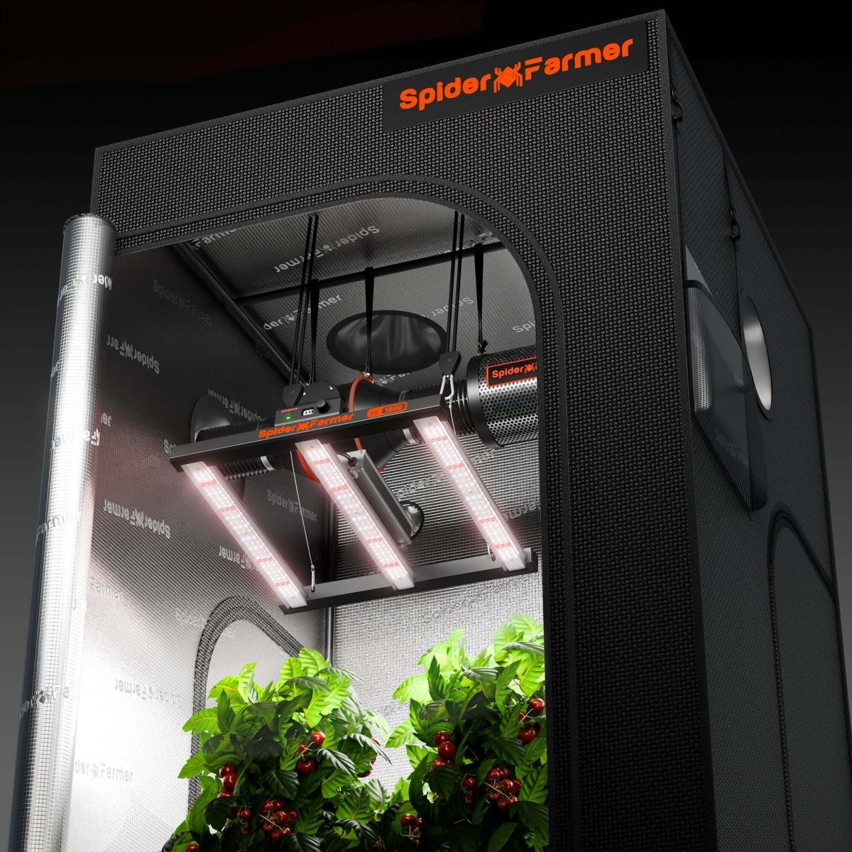 Spider Farmer SE1500 hanging in a 2x2 grow tent providing full spectrum light for indoor plants