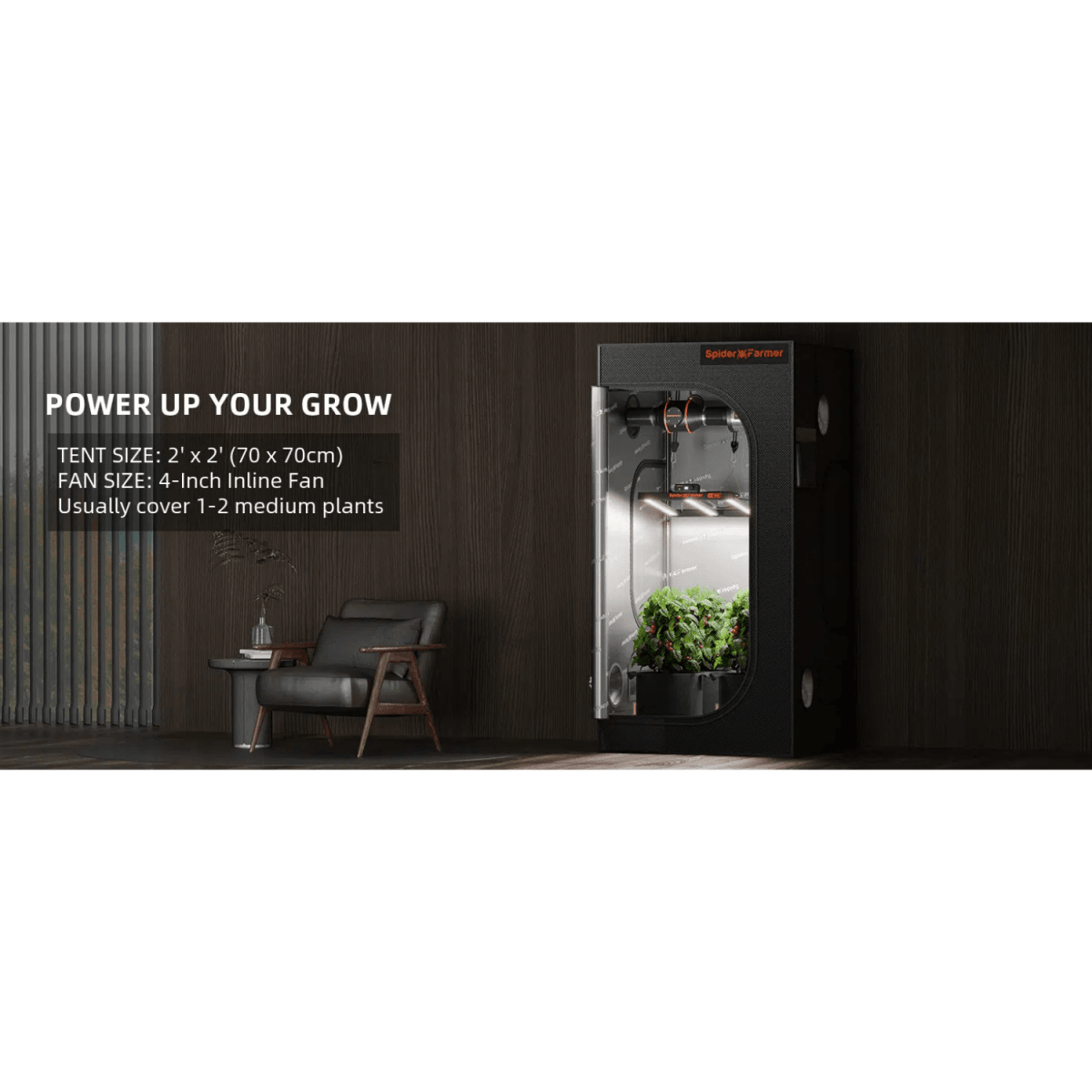 Product packaging for indoor gardening equipment with text on a dark background