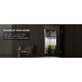 Product packaging for indoor gardening equipment with text on a dark background