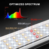 LED light strip with labeled spectrum for plant growth, showing red, white, and warm white lights.