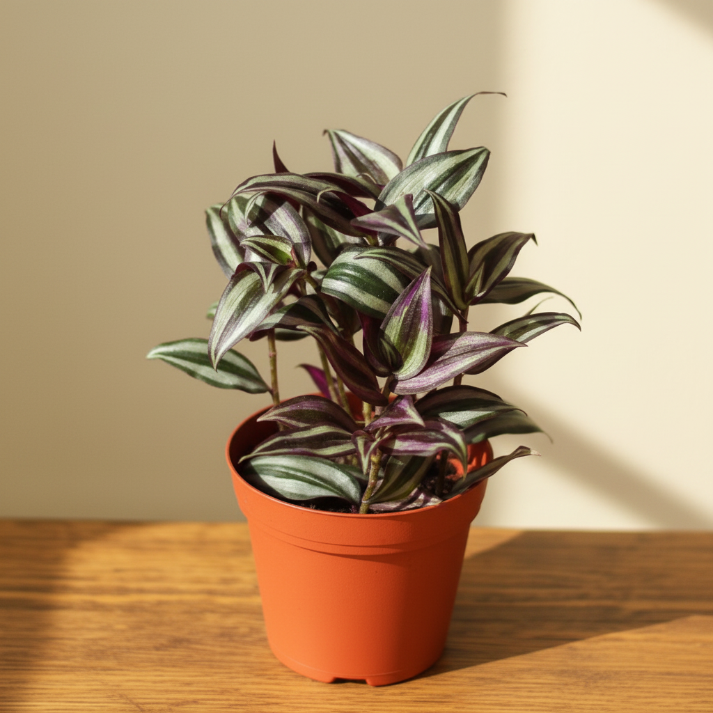 Potted tradescantia with striped leaves on a wooden surface with a beige background