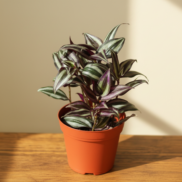 Potted tradescantia with striped leaves on a wooden surface with a beige background