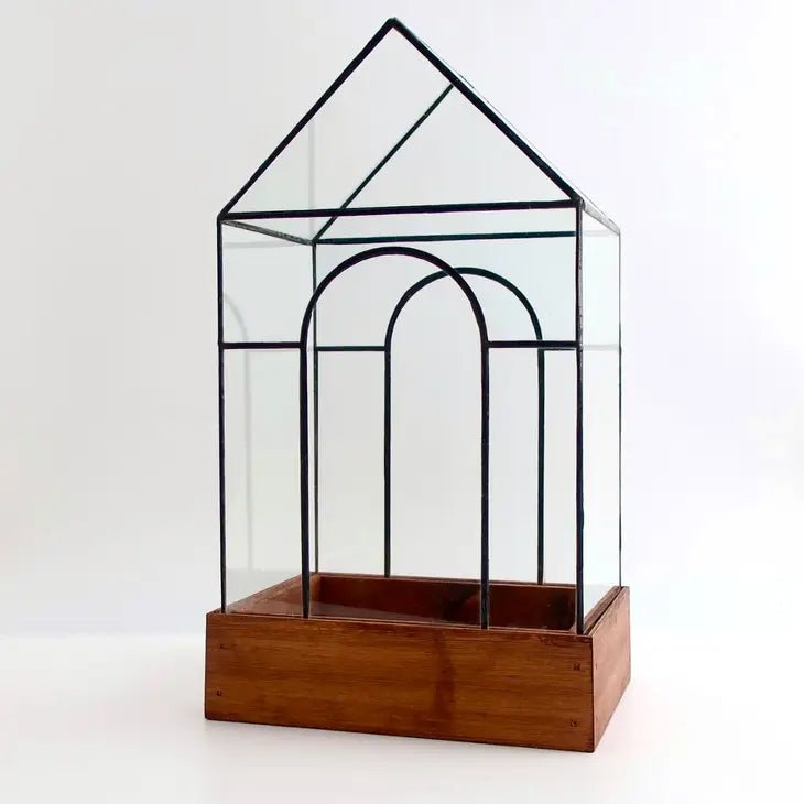 Temple Glass and Wood Terrarium, Mini Greenhouse - Ed's Plant Shop