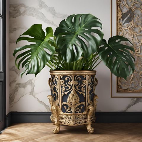 Monstera In Ornate Black and Gold Planter