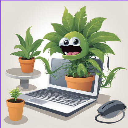 Houseplant looking at laptop reading a blog on fertilizer