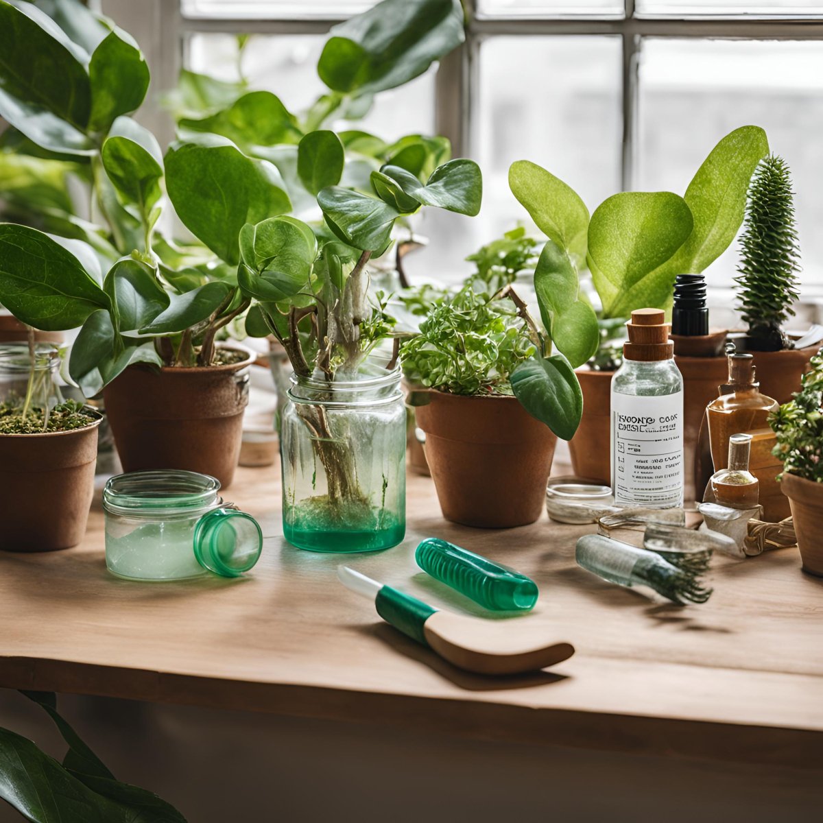 Assorted houseplant fertilizers and nutrient bottles arranged on a tabletop