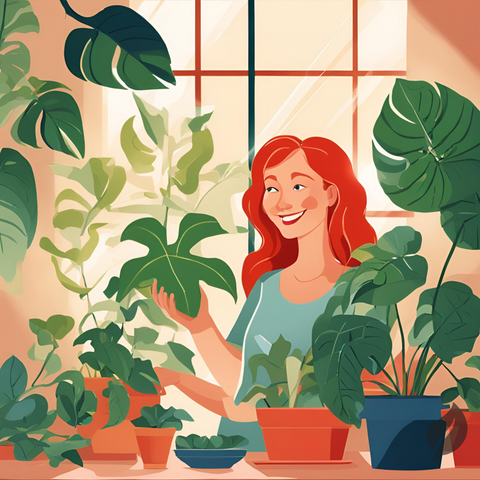 Cartoon Redhead woman with houseplants