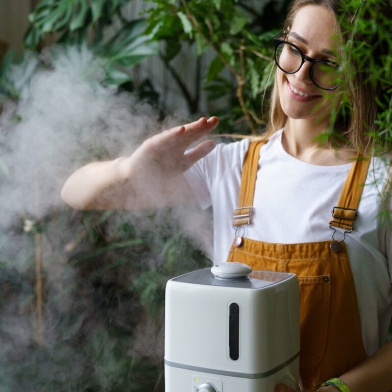 Woman holding her hand over humidifier vapor while tending indoor plants