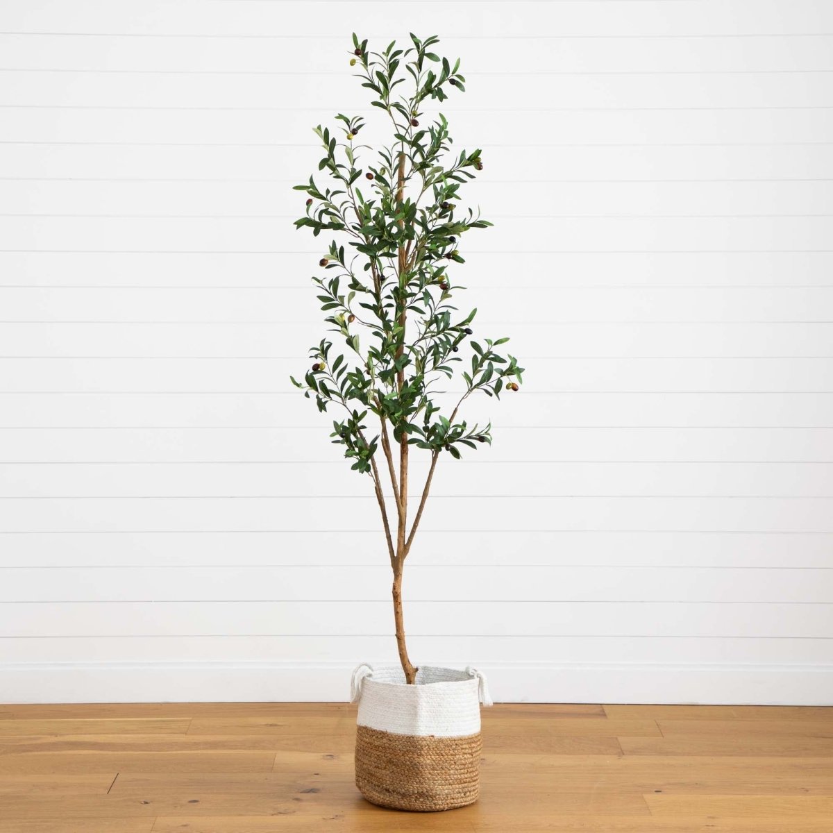 7' Artificial Olive Tree with Natural Trunk & Handmade Jute Basket - Ed's Plant Shop