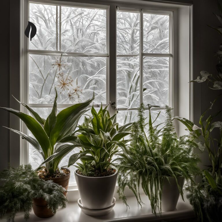 Indoor plants arranged near a window with cozy fall seasonal décor